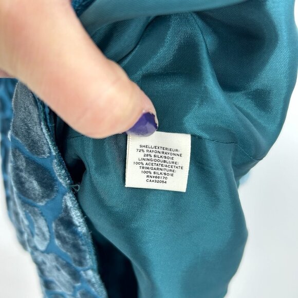 ANTHROPOLOGIE Moulinette Soeurs *FLAWED* Teal Blue Patterned Velvet Silk Dress 4 - Picture 9 of 10